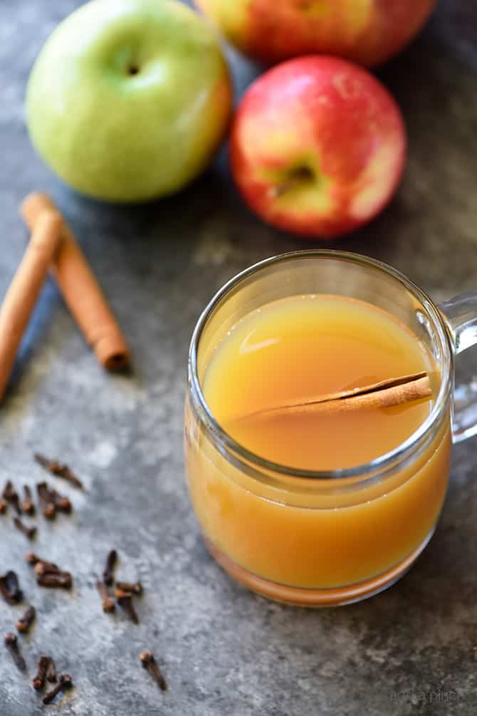 Cinnamon sticks and whole cloves, along with red and green apples surround a glass mug of cider, garnished with a cinnamon stick. 