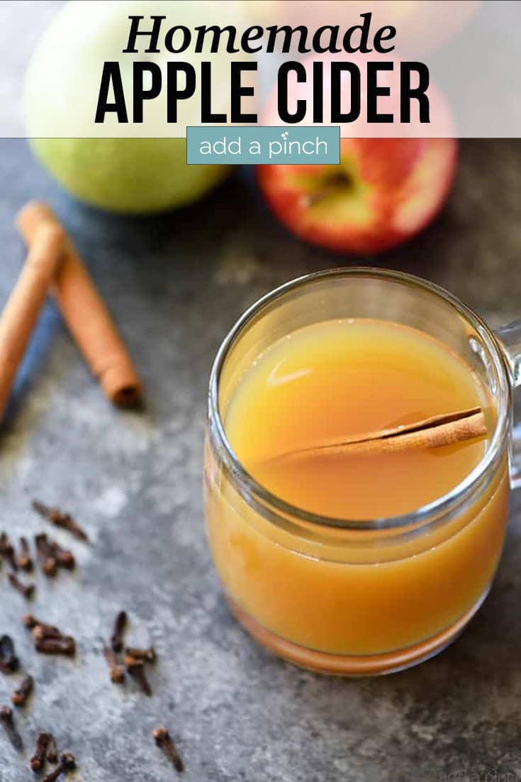 Overhead look at glass mug of Homemade Apple Cider garnished with cinnamon stick, surrounded by fresh apples, cinnamon sticks and cloves - with text - addapinch.com