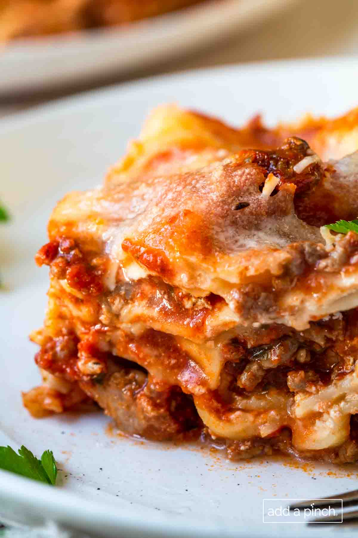 Image of lasagna on a white plate.