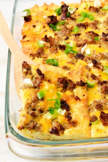 Breakfast casserole in a glass pan.