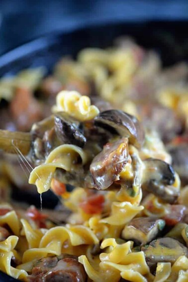 Cheesy Mushroom Sausage Pasta Recipe - This cheesy mushroom sausage pasta skillet makes a delicious, quick meal. Made with portobello mushrooms, sausage, pasta, and lots of cheese, this one skillet pasta recipe is a people pleaser! // addapinch.com