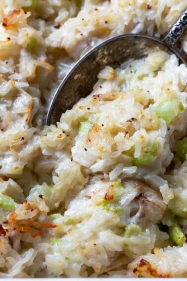 Landscape closeup photo of chicken casserole with a silver spoon.