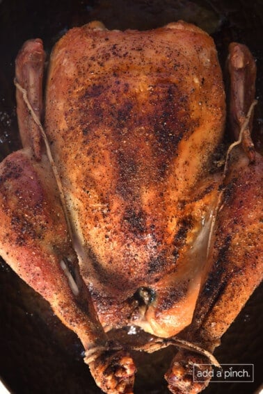 Golden roast chicken in a roasting pan.