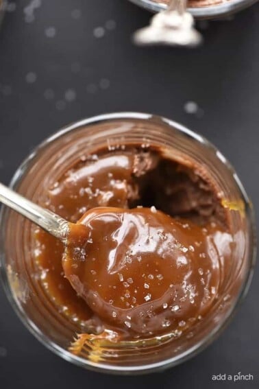 Chocolate Pots de Creme with Salted Caramel Sauce Recipe - This Chocolate Pots de Creme with Salted Caramel Sauce recipe makes a delicious, no bake dessert! Easy make ahead instructions for even easier entertaining! // addapinch.com