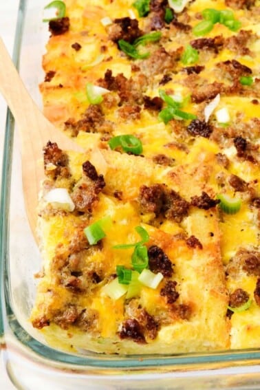 Breakfast casserole in a glass pan.