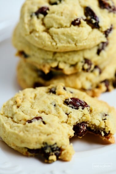 Closeup of a plate of oatmeal raisin cookies, with the cookie in front having a bite out of it.