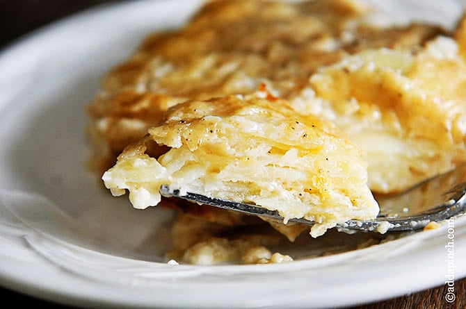 Scalloped potatoes on a fork on a white plate. 