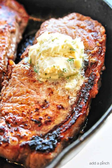 Skillet Steak with Gorgonzola Herbed Butter Recipe - Make a restaurant quality steak at home using these helpful tips and recipe! // addapinch.com