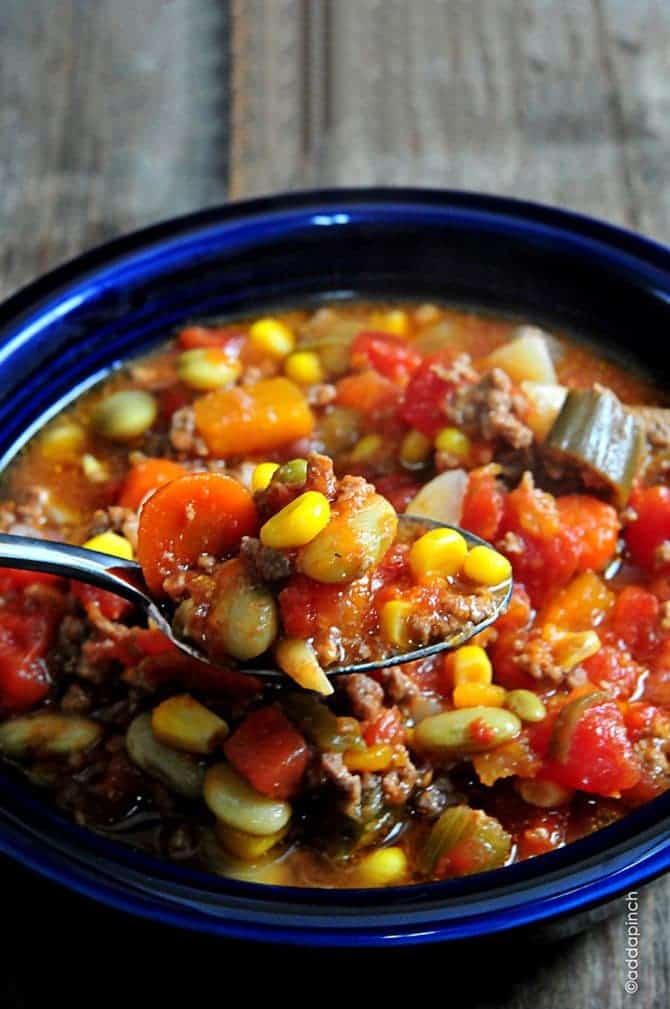 Slow Cooker Vegetable Soup Recipe - This Slow Cooker Vegetable Soup recipe is so simple to make and absolutely scrumptious. A definite family favorite! // addapinch.com