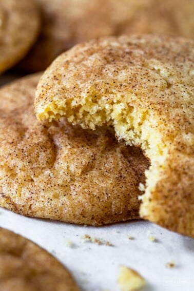 Closeup photo of snickerdoodle with a bite out to show the soft texture.