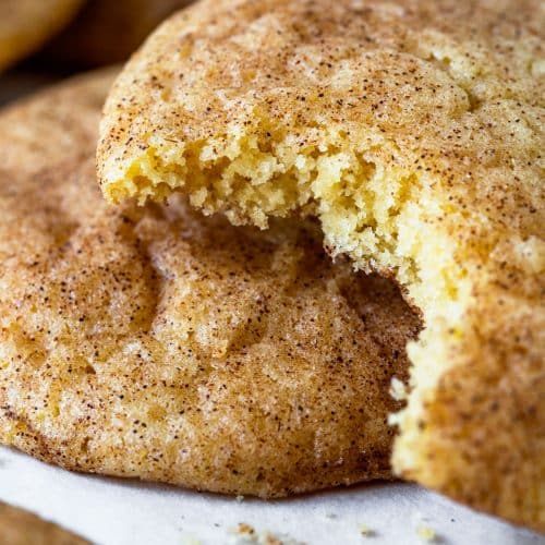 Closeup photo of snickerdoodle with a bite out to show the soft texture.