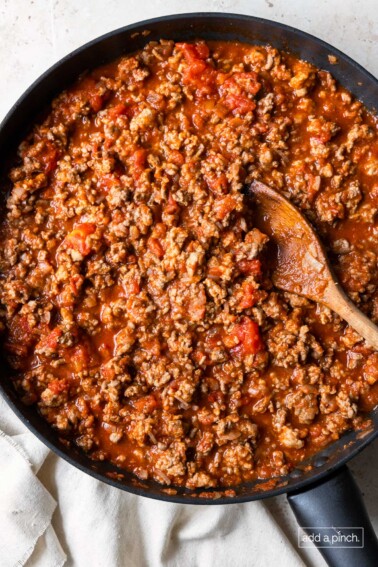 Photo of skillet filled with homemade spaghetti sauce.