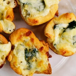 Plate of cheesy spinach dip bites.