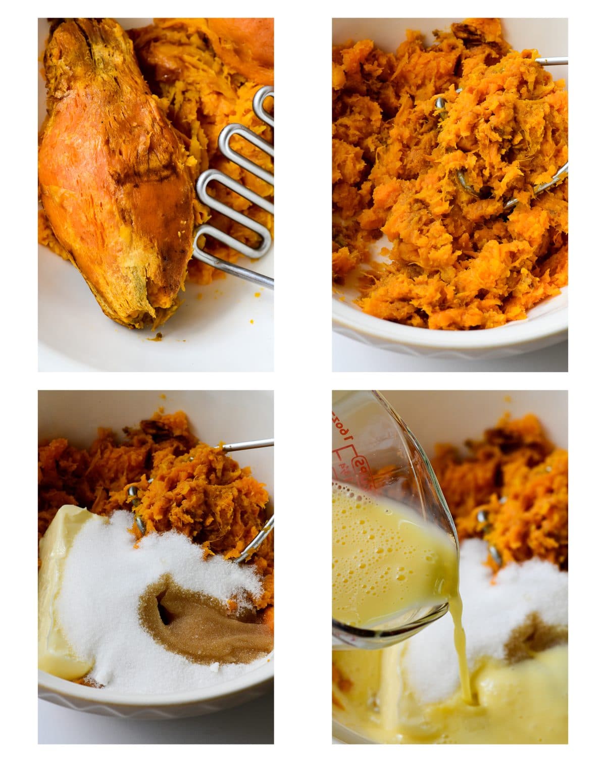 Collage photograph showing step by step instructions on how to make a sweet potato pie.