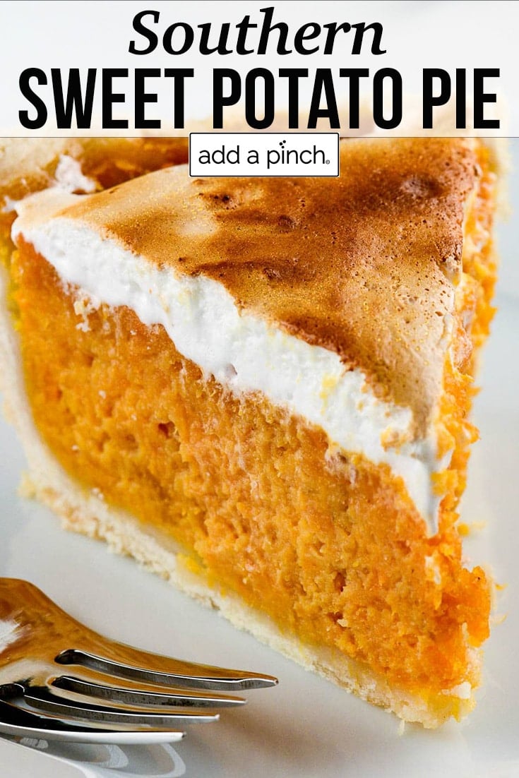 Slice of sweet potato pie with browned marshmallow topping - with text - addapinch.com